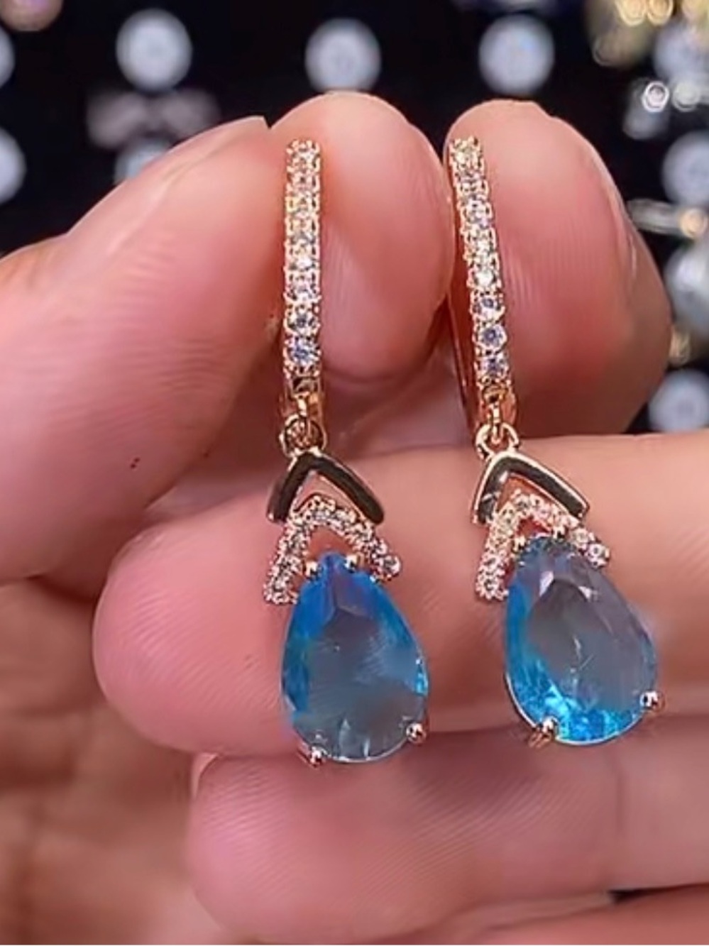 Gold-plated Blue Teardrop Crystal Drop Earrings - Women Jewelry